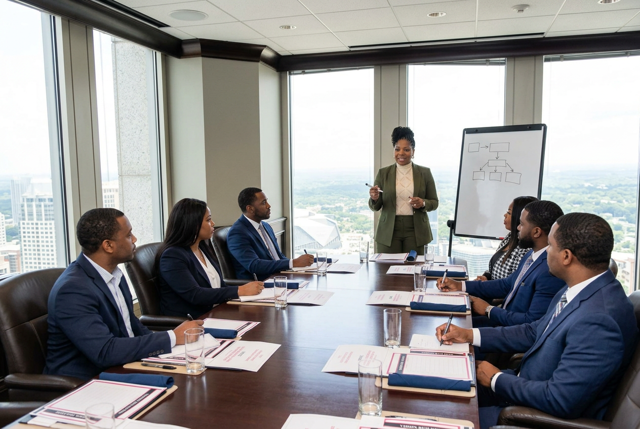 AI-created visualization of Coach C leading a whiteboard strategy session in the supplied boardroom
